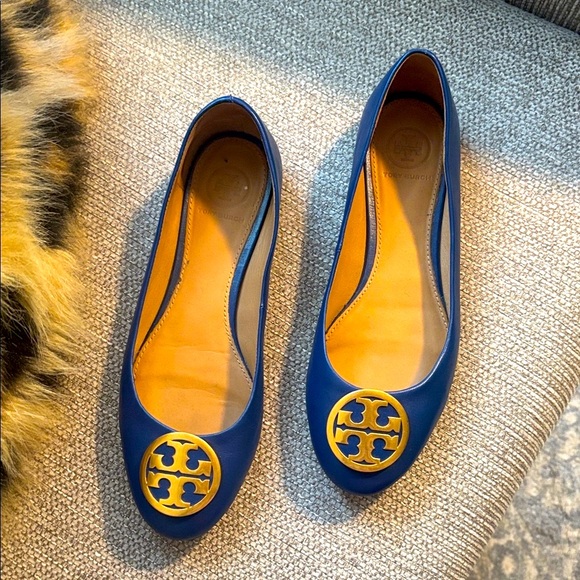 Tory Burch Blue Leather Ballet Flats with Gold Accent - Picture 2 of 8